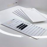 Acrylic Lash Tile displaying various eyelash extension lengths with curl, thickness, and extension type details.