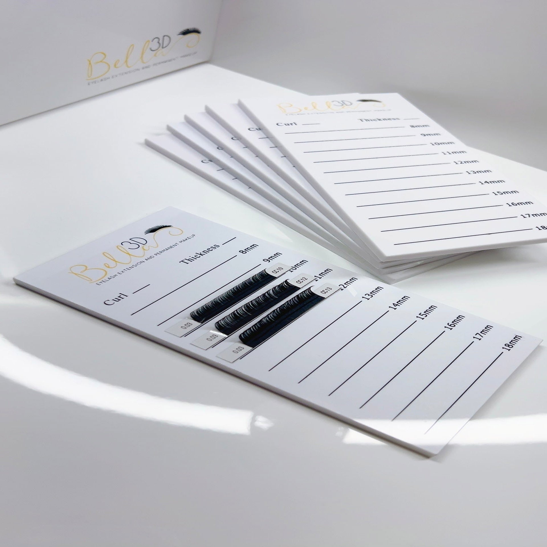 Acrylic Lash Tile displaying various eyelash extension lengths with curl, thickness, and extension type details.