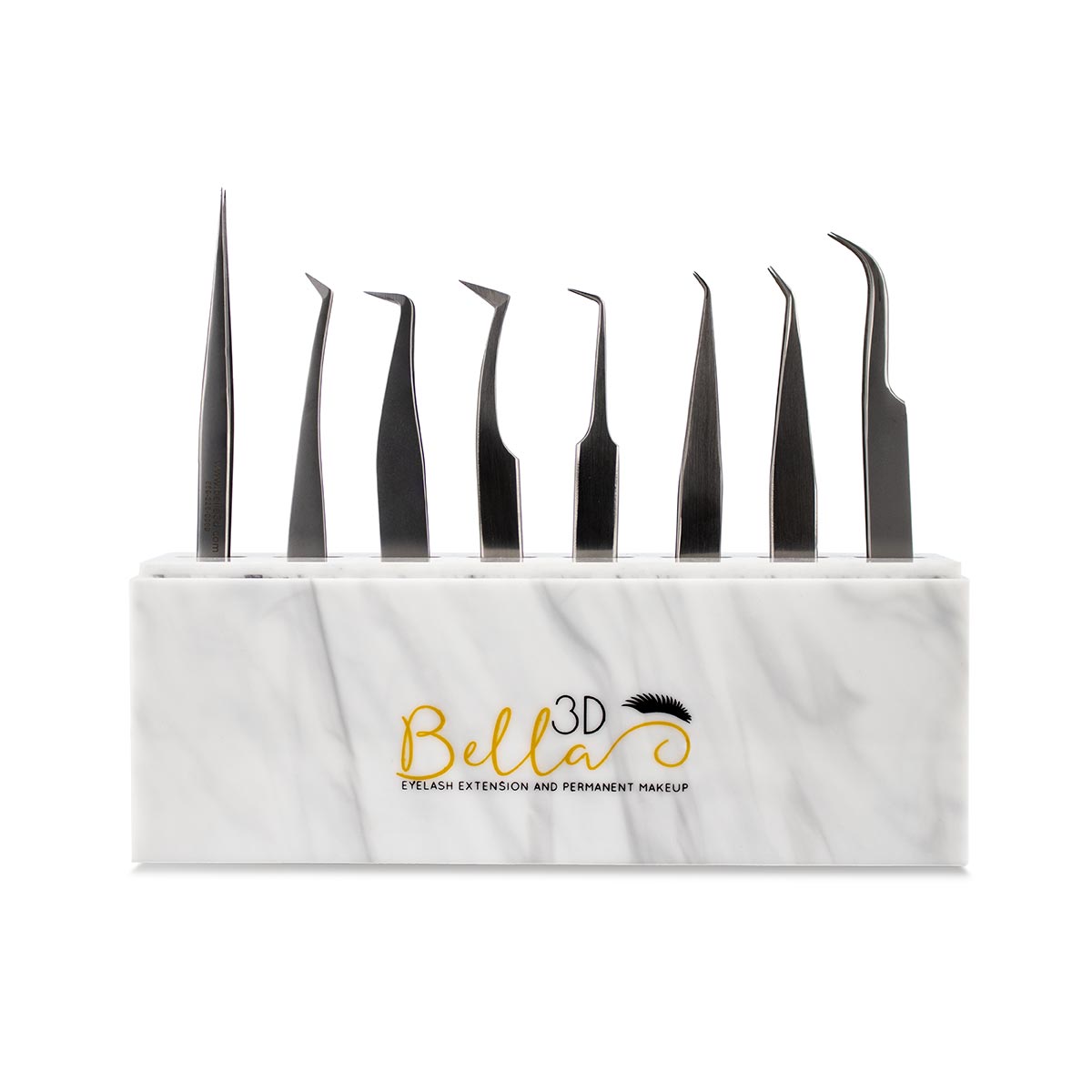 Acrylic Tweezer Stand holding nine different precision tweezers with a marble base and Bella 3D logo
