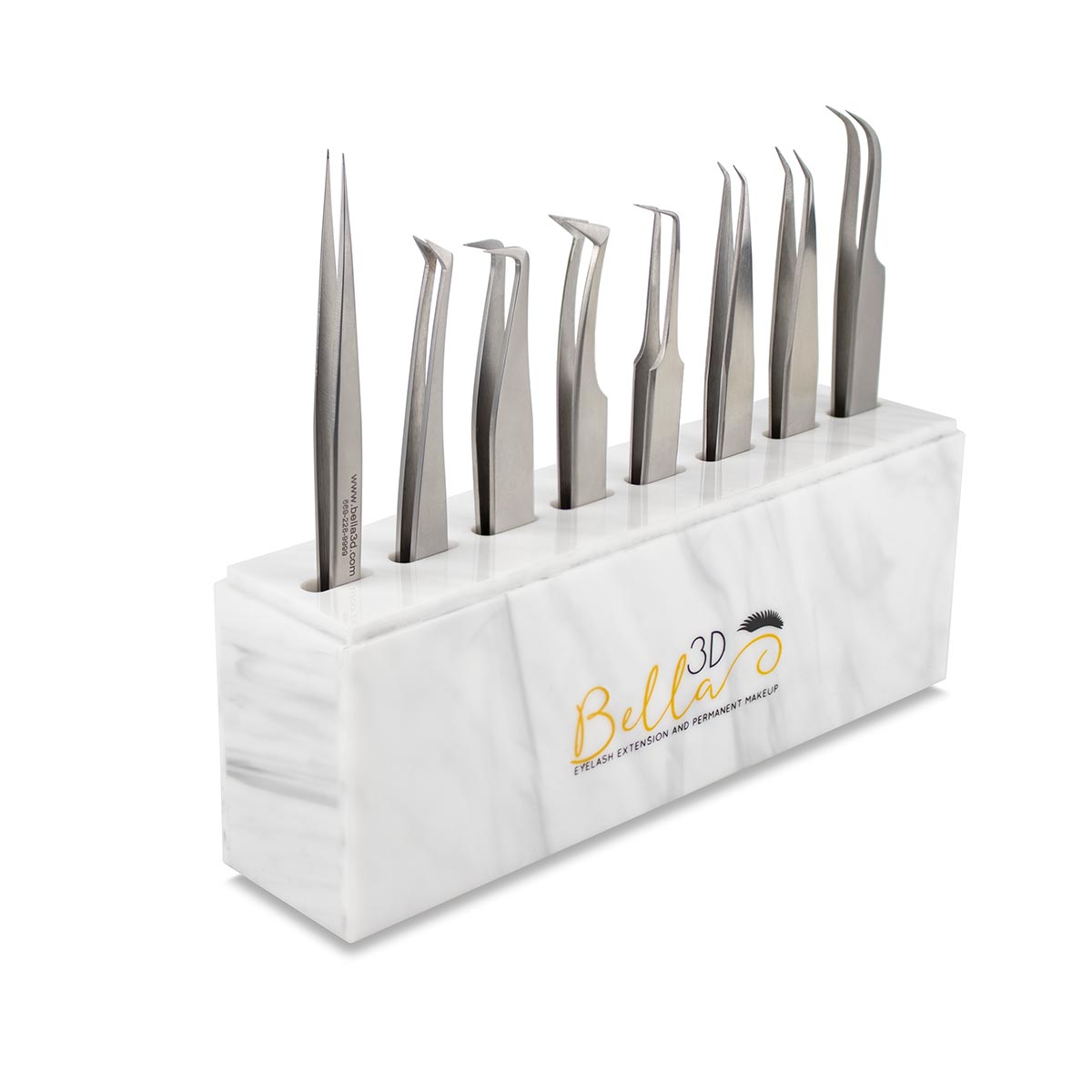 Acrylic Tweezer Stand holding nine stainless steel tweezers used for eyelash extension accessories.