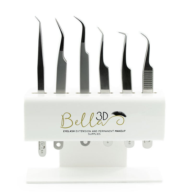 Acrylic Tweezer Stand holding seven precision tweezers for eyelash extension and permanent makeup supplies