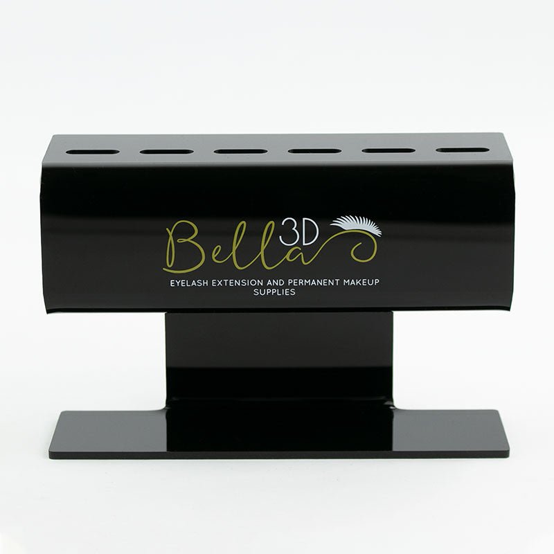 Black glossy Acrylic Tweezer Stand with multiple slots and Bella 3D branding for eyelash extension accessories organization