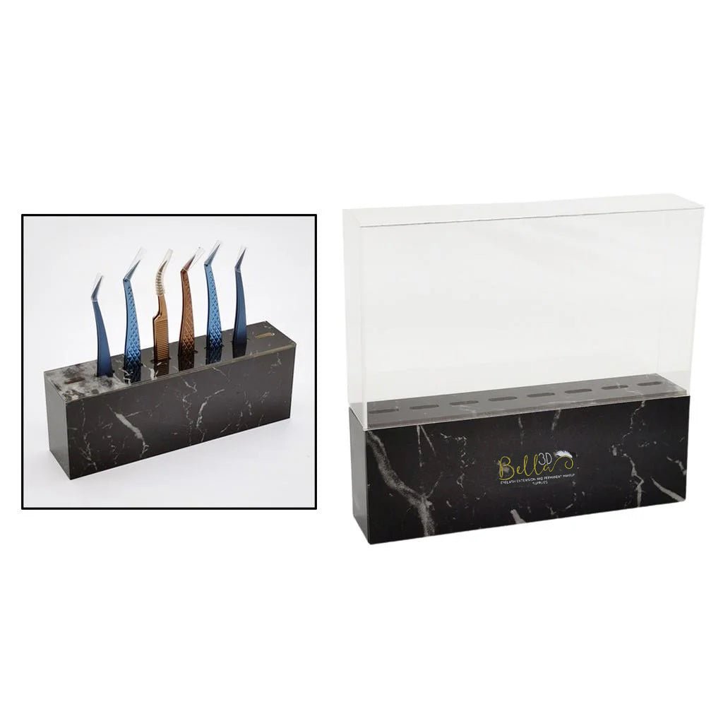 Acrylic Tweezer Stand made of black marble with clear protective cover for organizing eyelash extension tools.