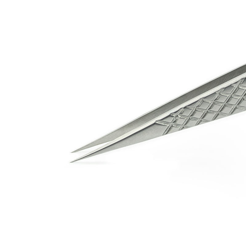 B12 Straight Isolation Tweezer with fine pointed tips and textured grip for precise eyelash extension application