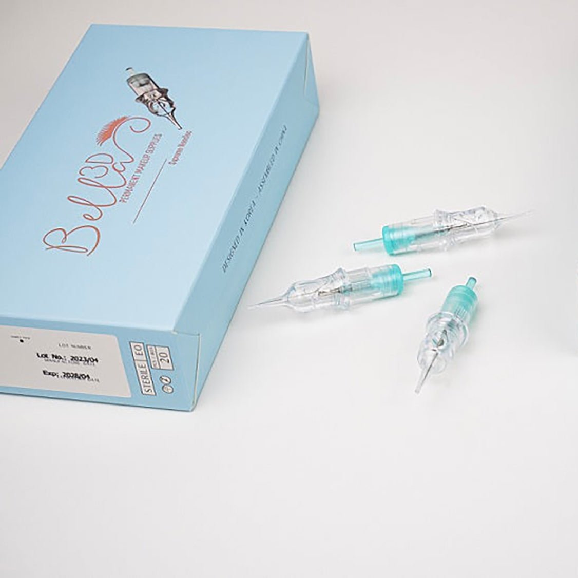 Bella3D Supreme Needles - PMU Cartridges displayed with blue packaging and transparent needle tips for permanent makeup use