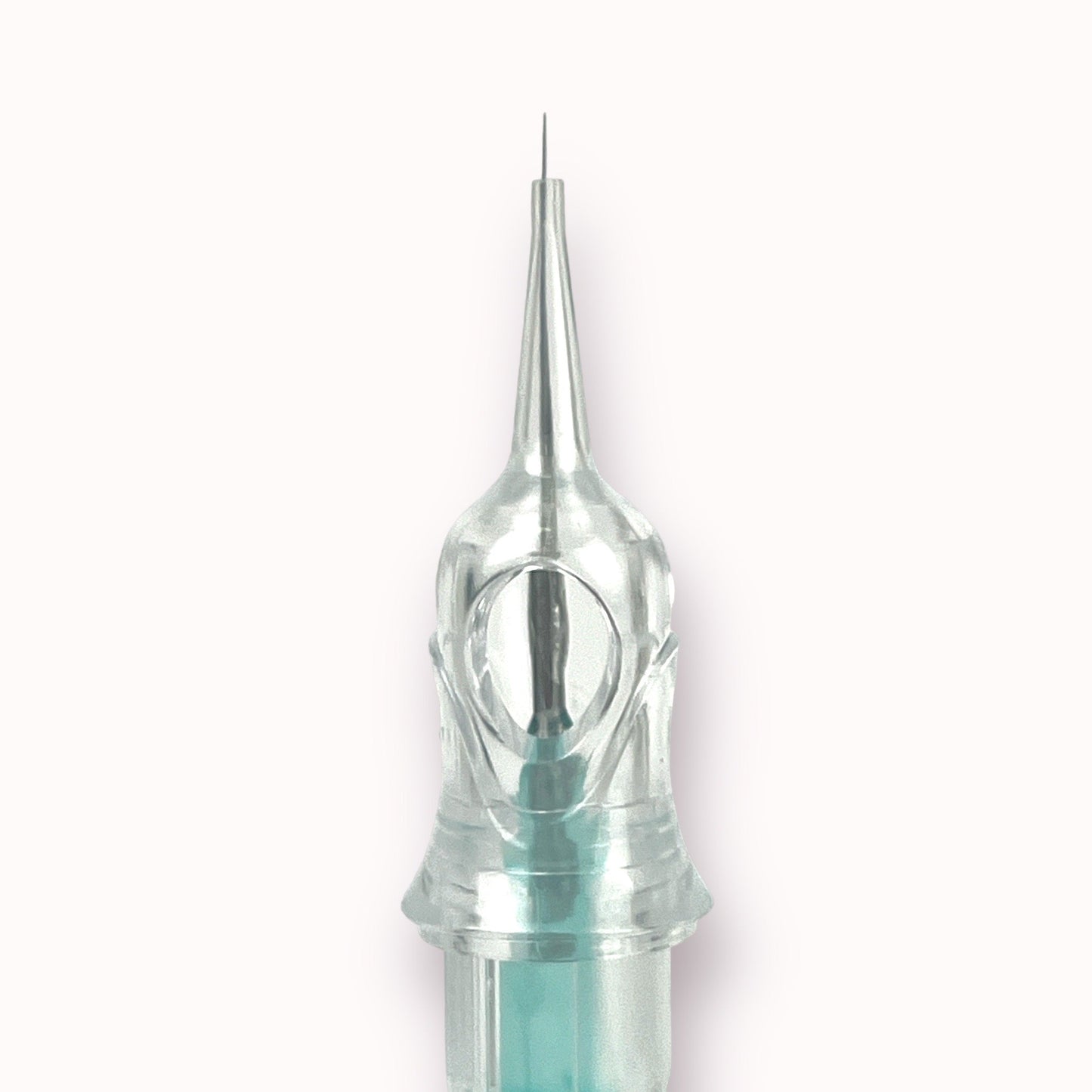 Close-up of a transparent needle cartridge tip from Bella3D Supreme Needles - PMU Cartridges for permanent makeup use
