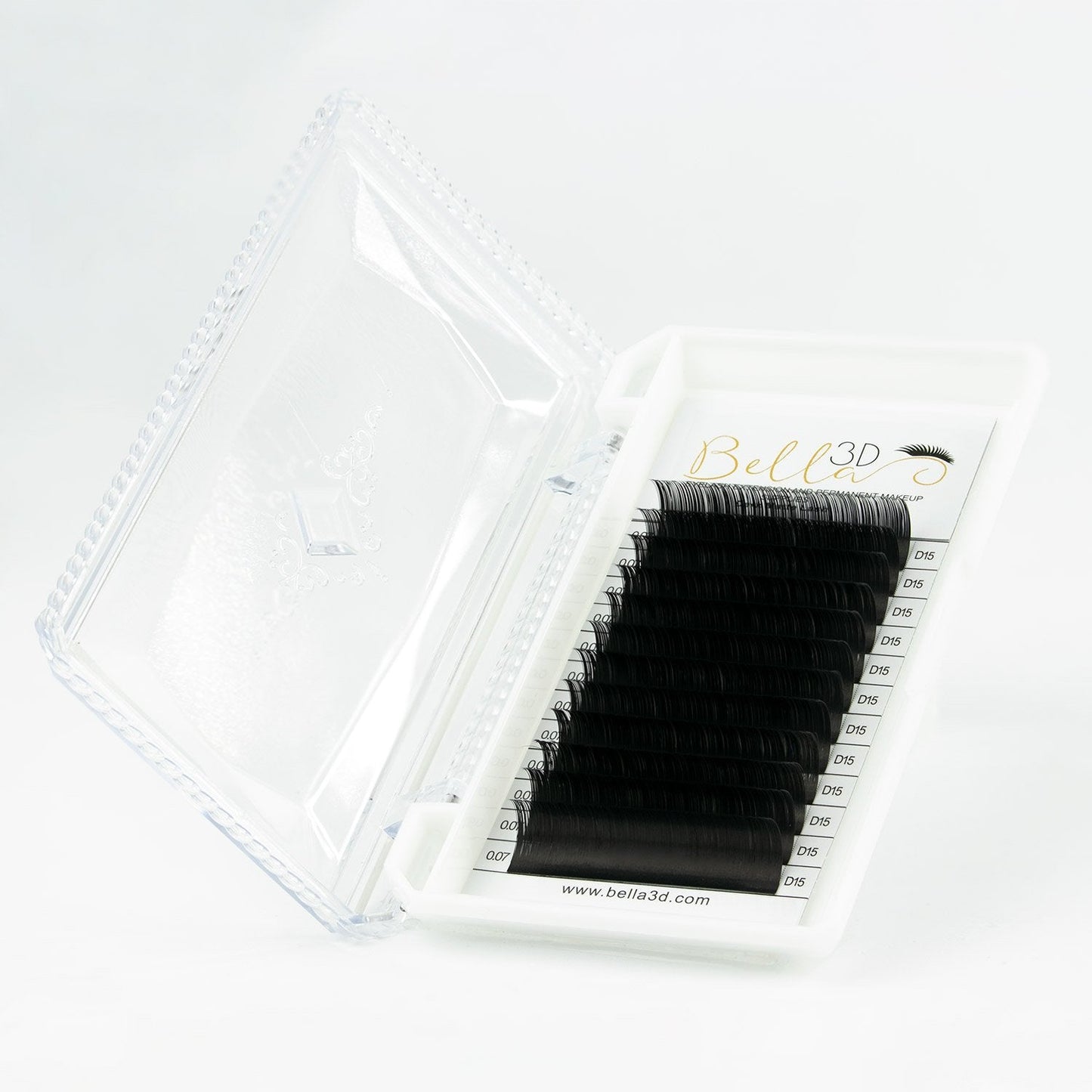 Black Diamond Volume Lashes - 0.05 in a white tray with clear plastic case for eyelash extension supplies