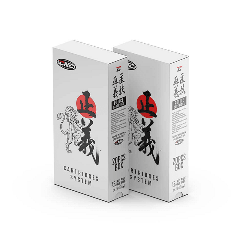 Two white boxes of CNC Universal PMU Cartridges featuring black and red designs and lion artwork on the packaging