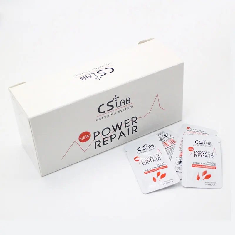 White packaging box and sachets of CS LAB Power Repair Cream for skin treatment displayed on a white background