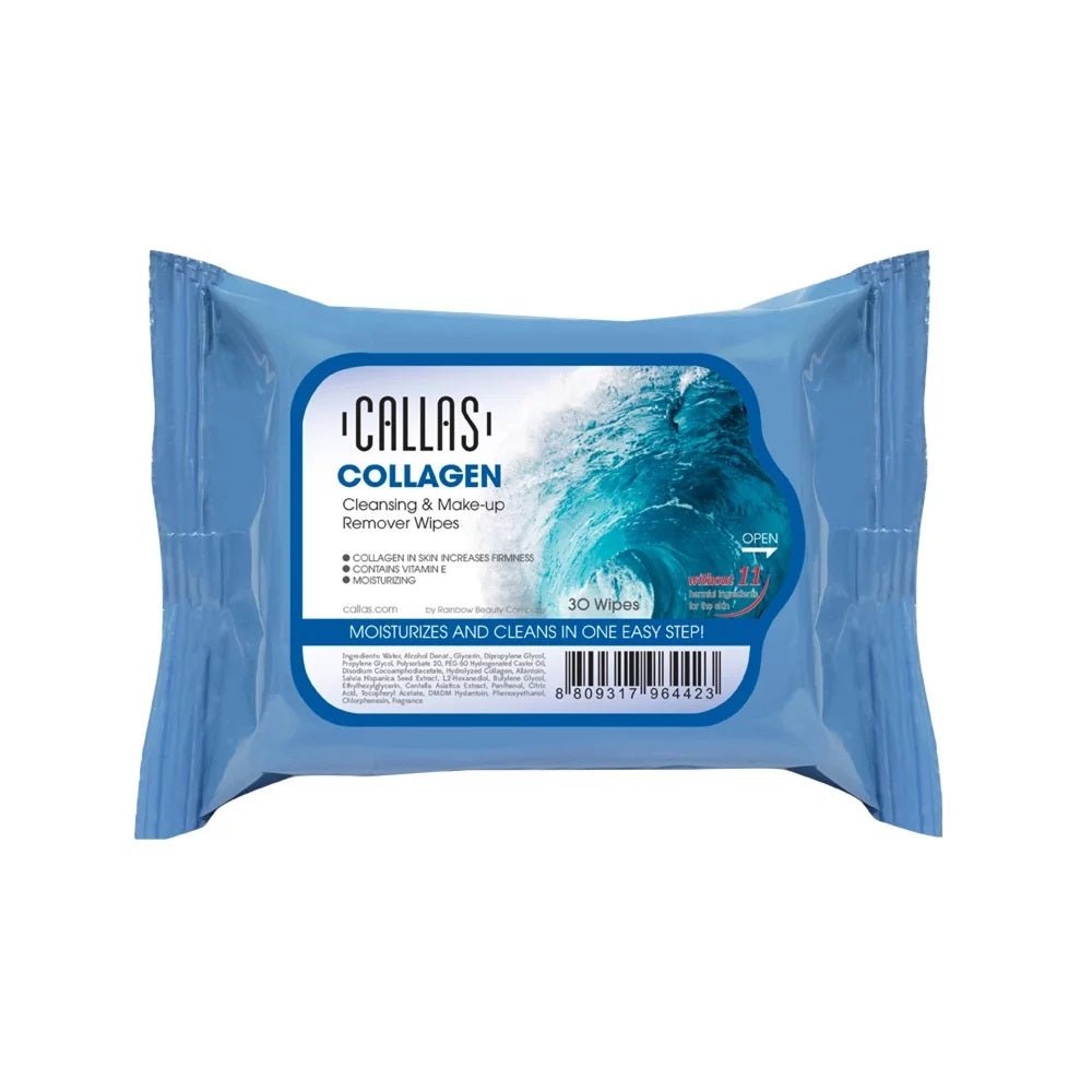 Callas Makeup Remover Wipes pack with blue packaging, designed for cleansing and makeup removal with collagen benefits.