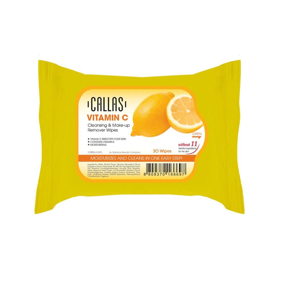 Callas Makeup Remover Wipes package with vitamin C, featuring lemon illustration and bright yellow wrapper.