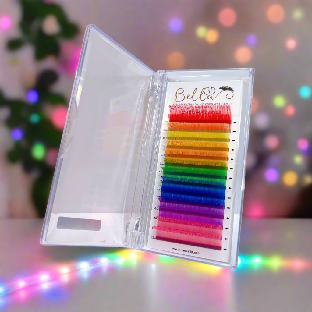 Chroma Mixed Trays - 0.03 colorful eyelash extensions neatly arranged in a clear plastic case with rainbow hues