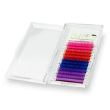 Chroma Mixed Trays - 0.07 featuring vibrant pink, red, blue, purple eyelash extensions in a clear case for professional use
