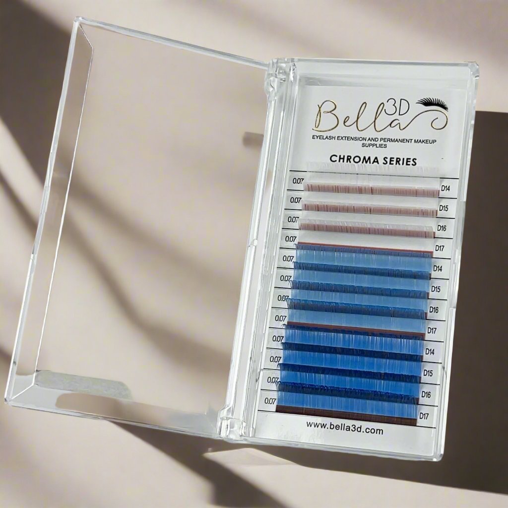 Chroma Mixed Trays - 0.07 featuring assorted colored eyelash extensions in a clear plastic case for professional use