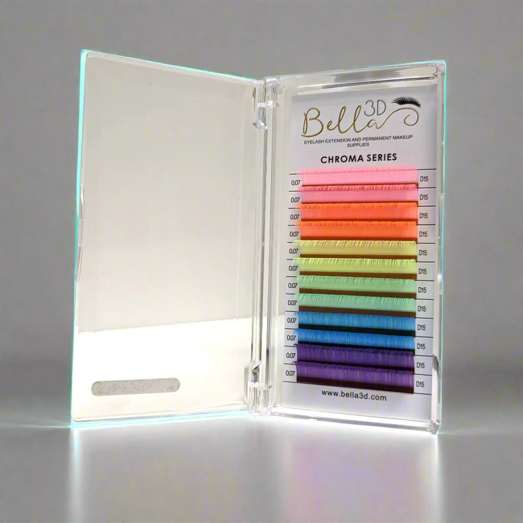 Chroma Neon - 0.07 colorful eyelash extension set with multiple vibrant shades in a clear case by Bella 3D