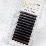 Chroma Ombré - 0.07 eyelash extensions in ombré shades displayed in a clear plastic tray for professional use