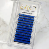 Chroma Ombré - 0.07 blue eyelash extensions displayed in a clear case with varying lengths for customization