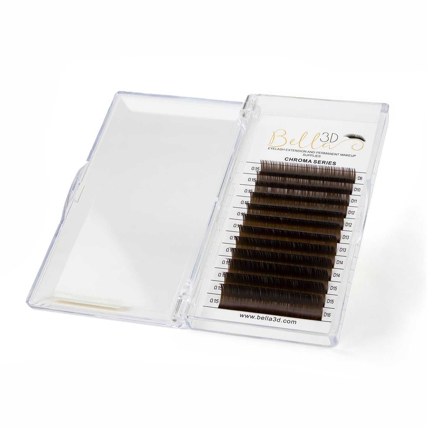 Chroma Series - Coffee - 0.05 - 0.15 eyelash extensions in a clear plastic case with multiple lash lengths displayed