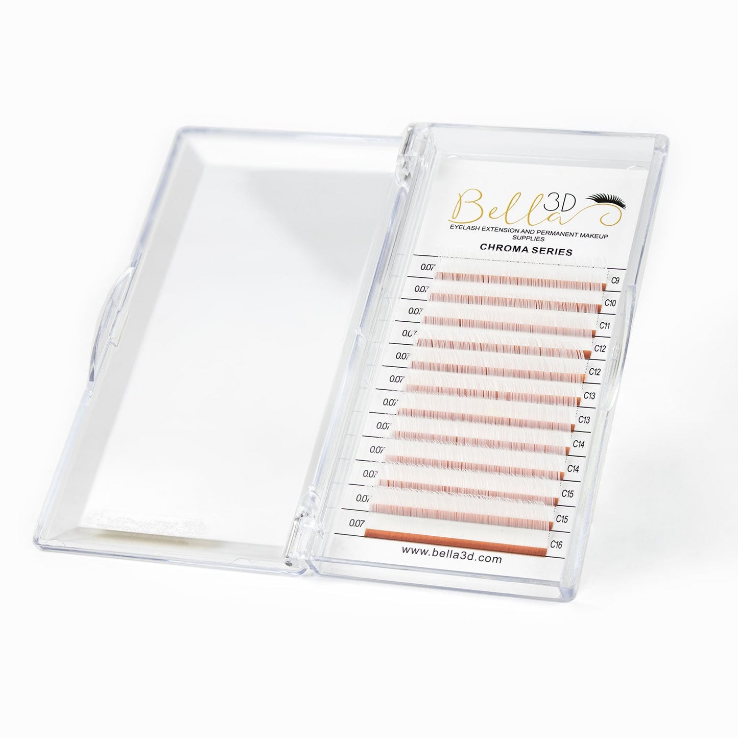 Clear plastic case of Chroma Series Colored Lashes - 0.03 with rows of light-colored eyelash extensions inside