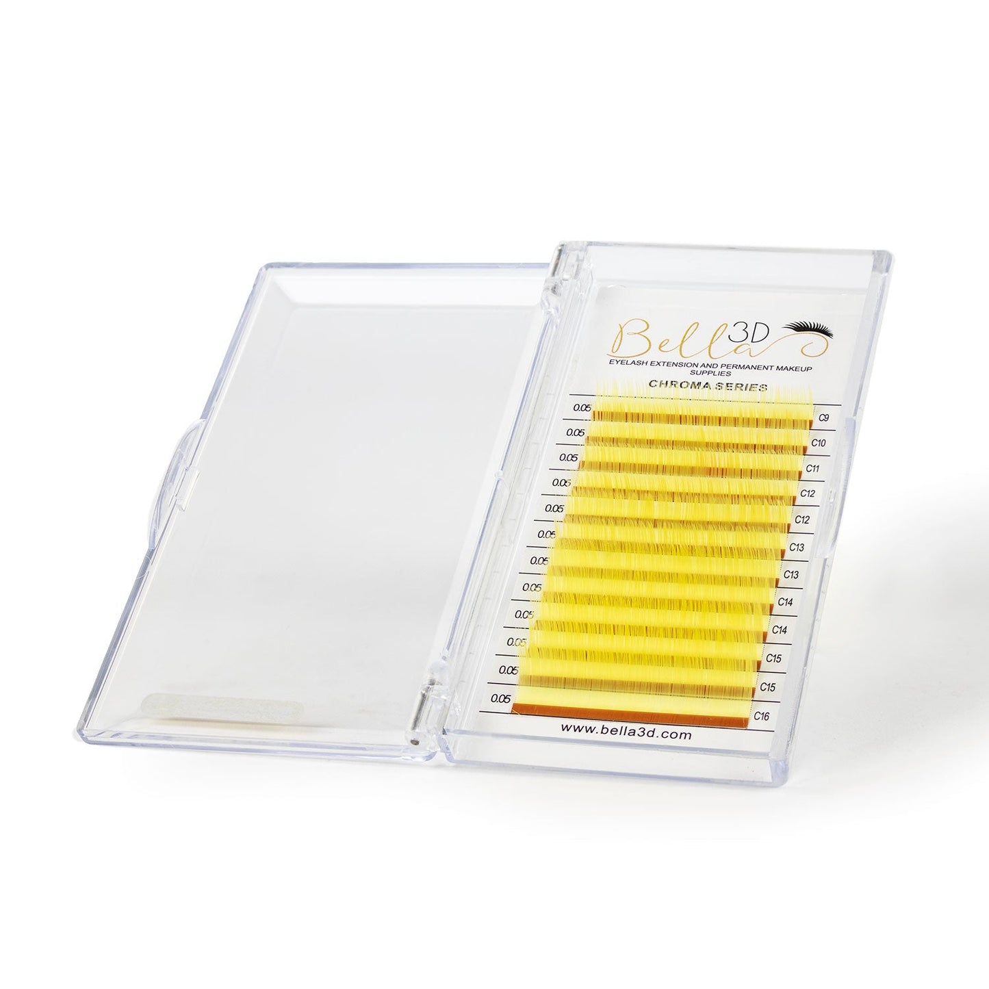 Chroma Series Colored Lashes - 0.05 bright yellow eyelash extensions in a clear plastic case for eyelash extension supplies