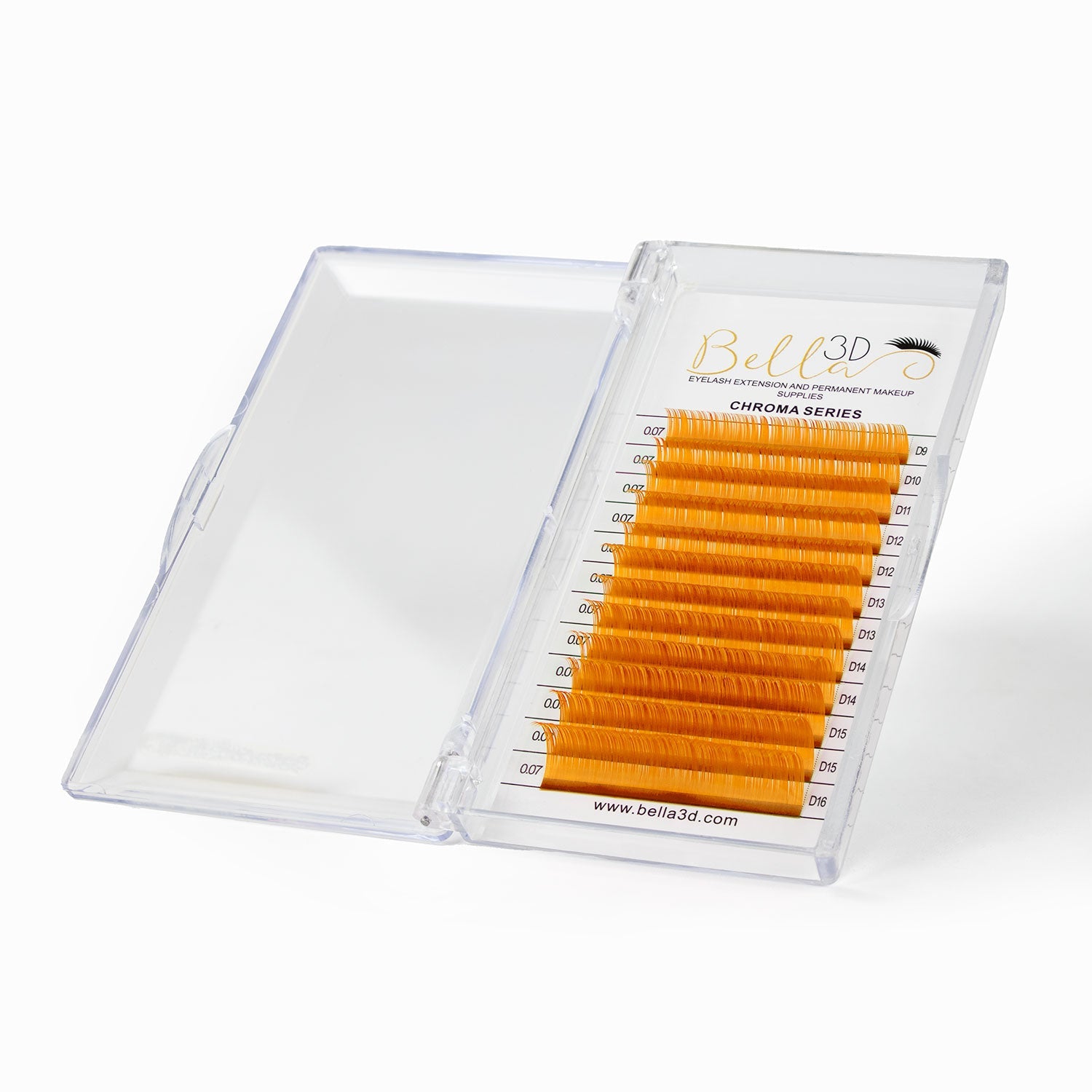 Chroma Series Colored Lashes - 0.05 in vibrant orange shade arranged in a clear display case for eyelash extensions.