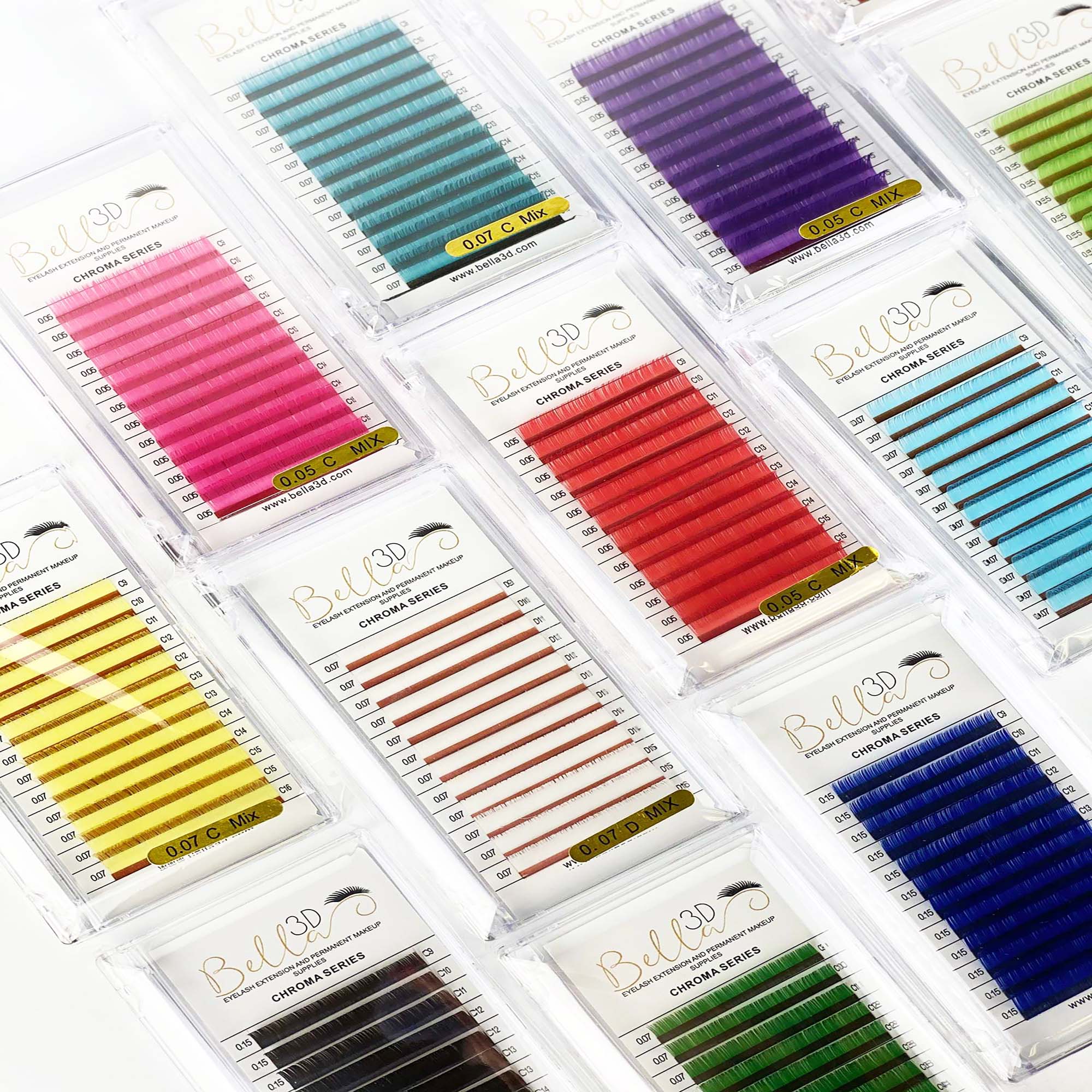 Chroma Series Colored Lashes - 0.05 in various vibrant colors for eyelash extension supplies by Bella 3D