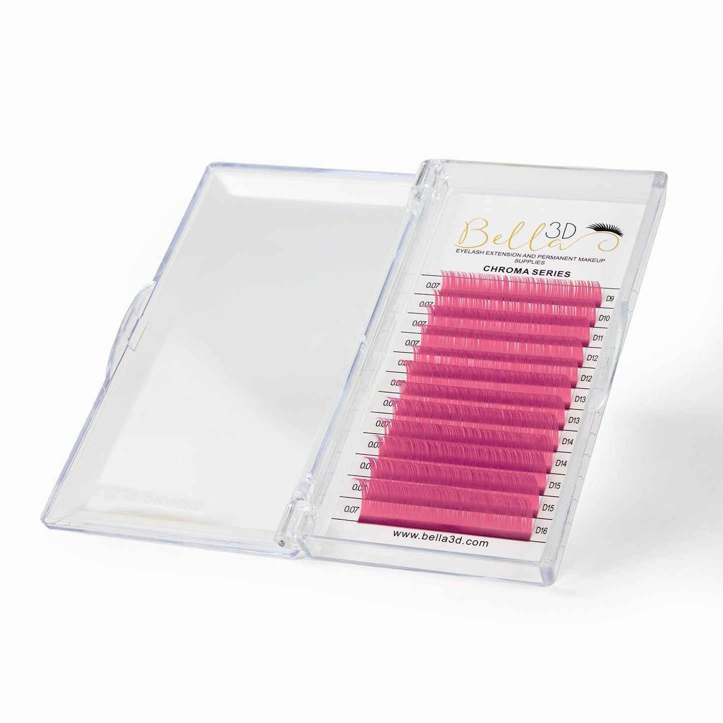 Chroma Series Colored Lashes - 0.07 in vibrant pink shades arranged in clear plastic storage case for eyelash extensions.