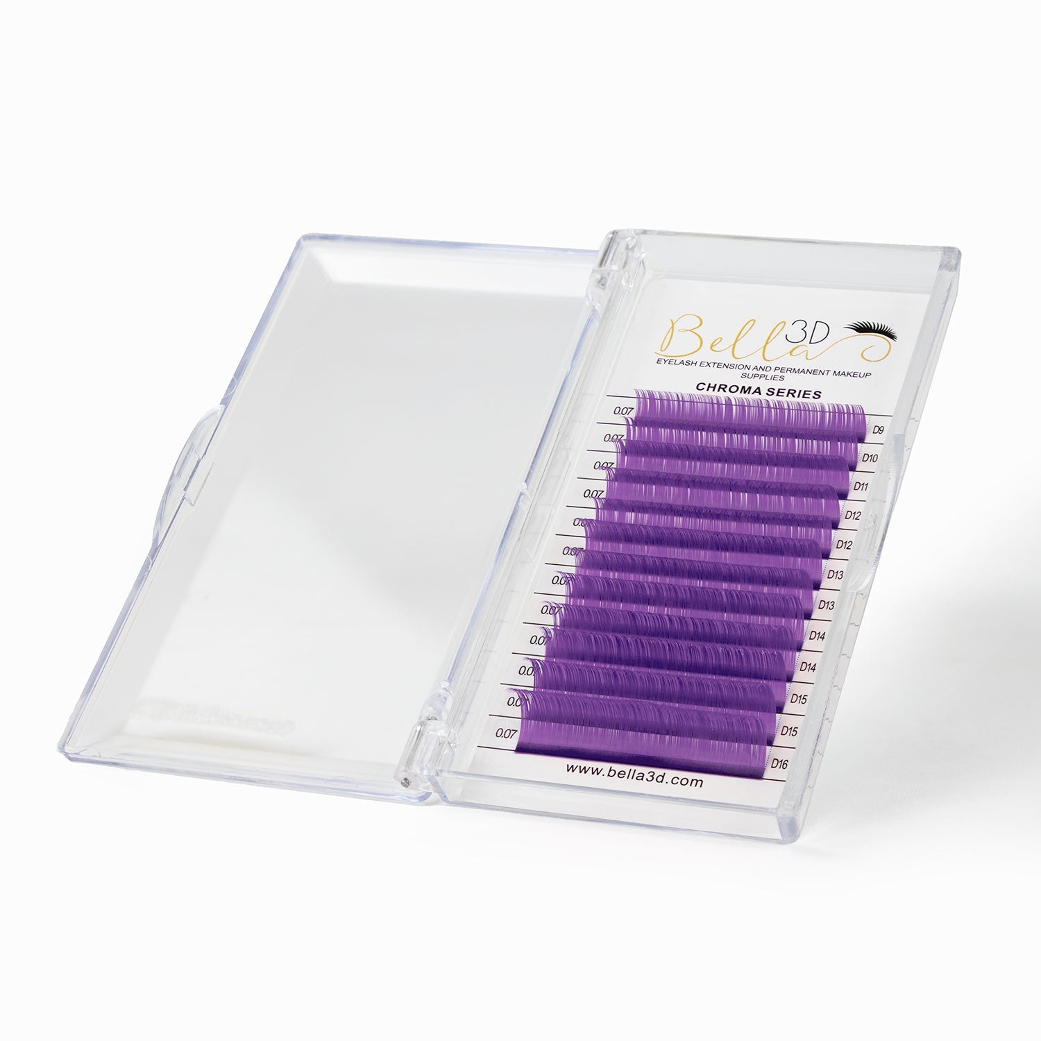 Chroma Series Colored Lashes - 0.07 in vibrant purple, arranged in a clear case for eyelash extensions supplies.