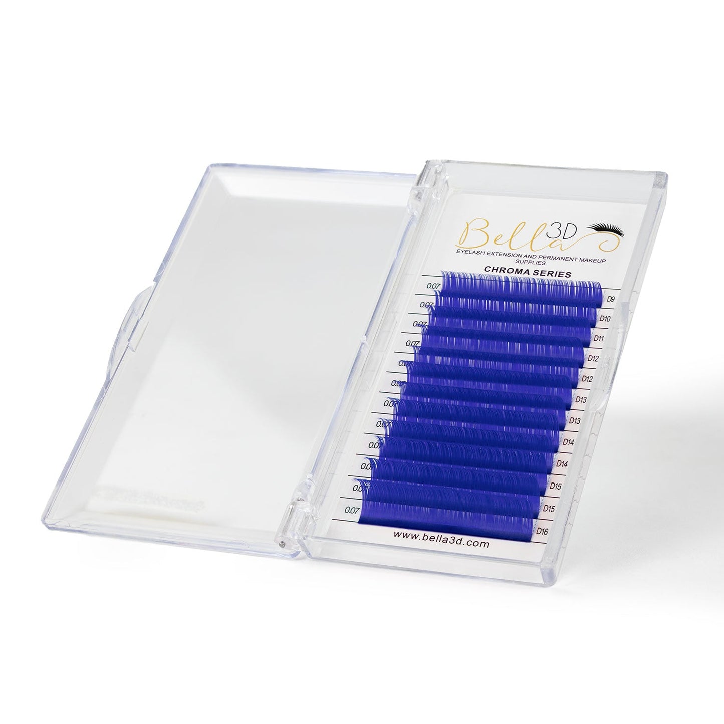 Chroma Series Colored Lashes - 0.07 in vibrant blue shade displayed in a clear plastic case for eyelash extensions.