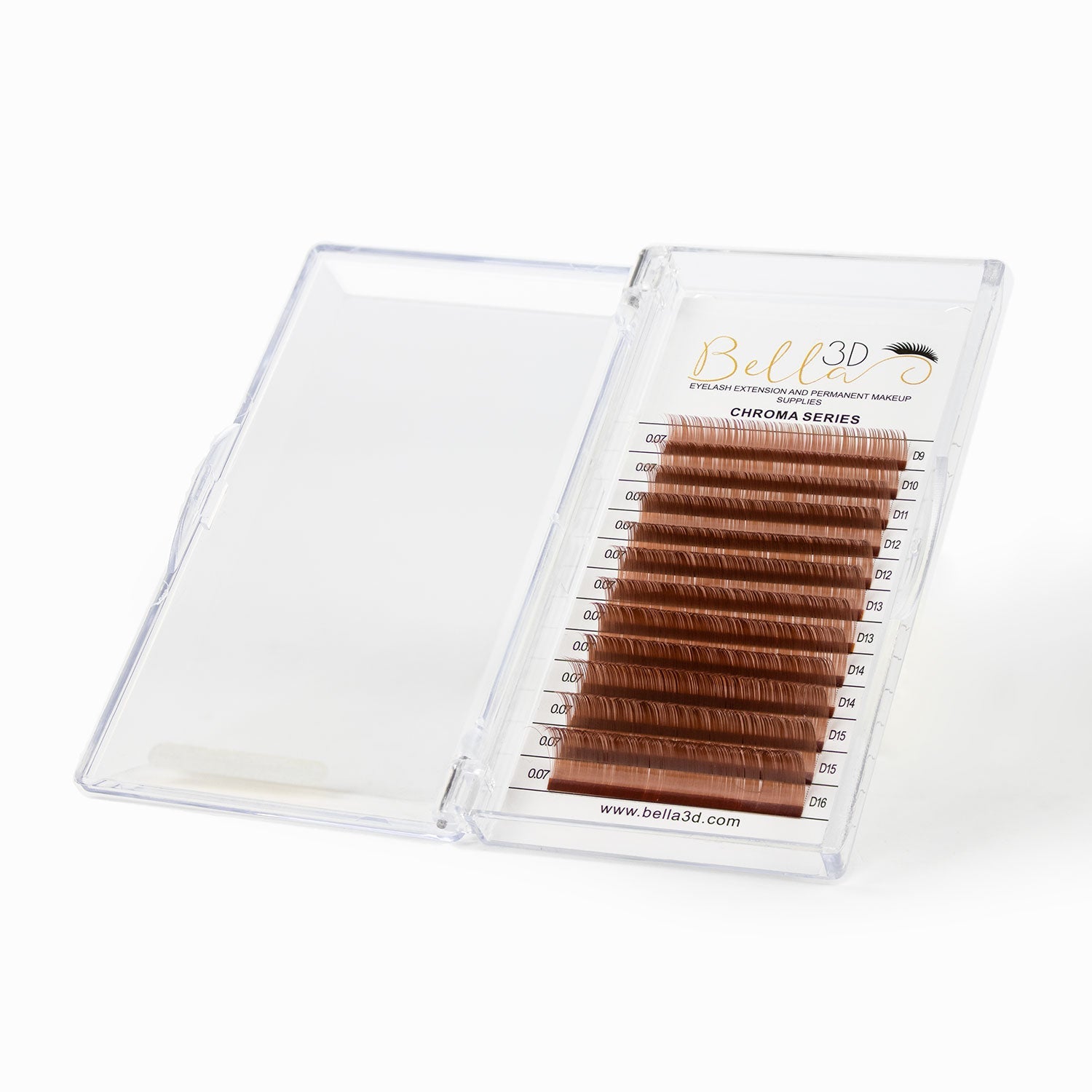 Chroma Series Colored Lashes - 0.07 in shades of brown displayed in a clear plastic lash case by Bella 3D