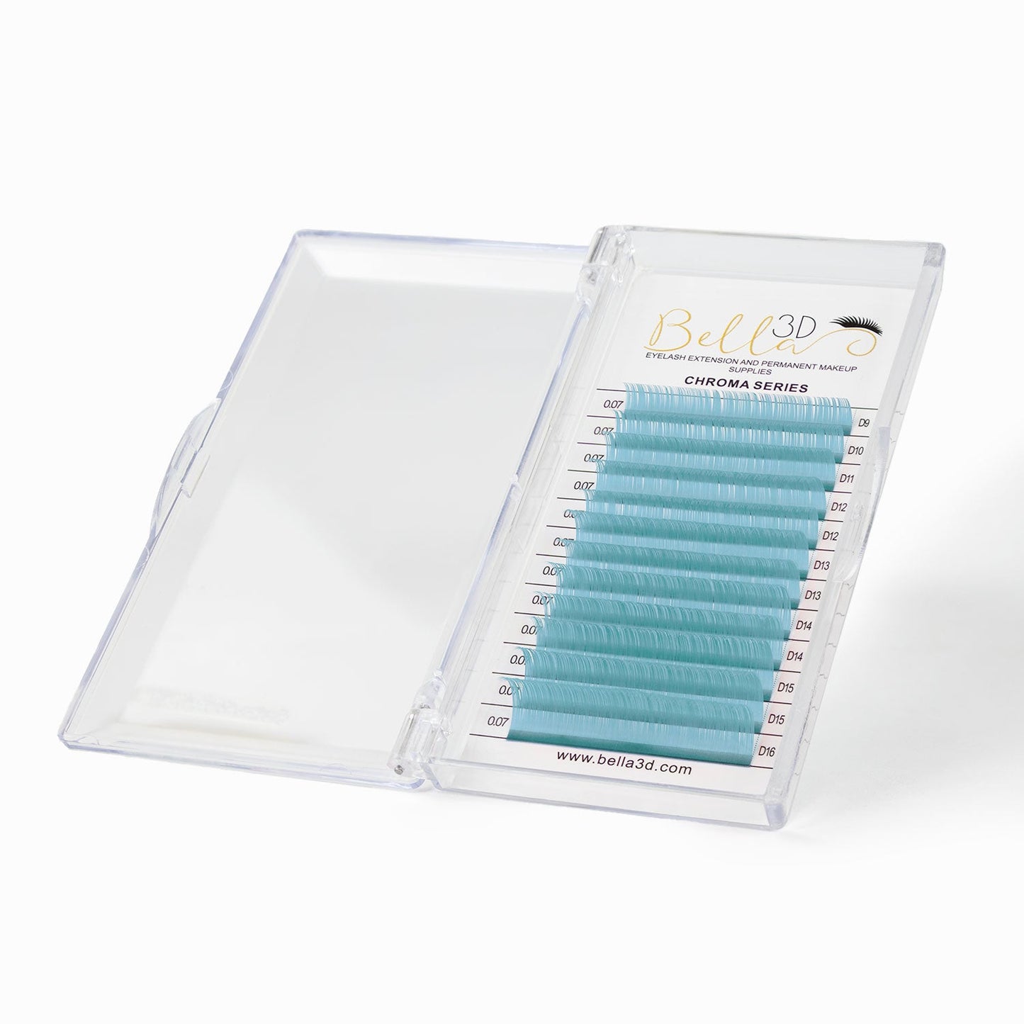 Chroma Series Colored Lashes - 0.07 in vibrant blue shade arranged in a clear plastic case for eyelash extensions.