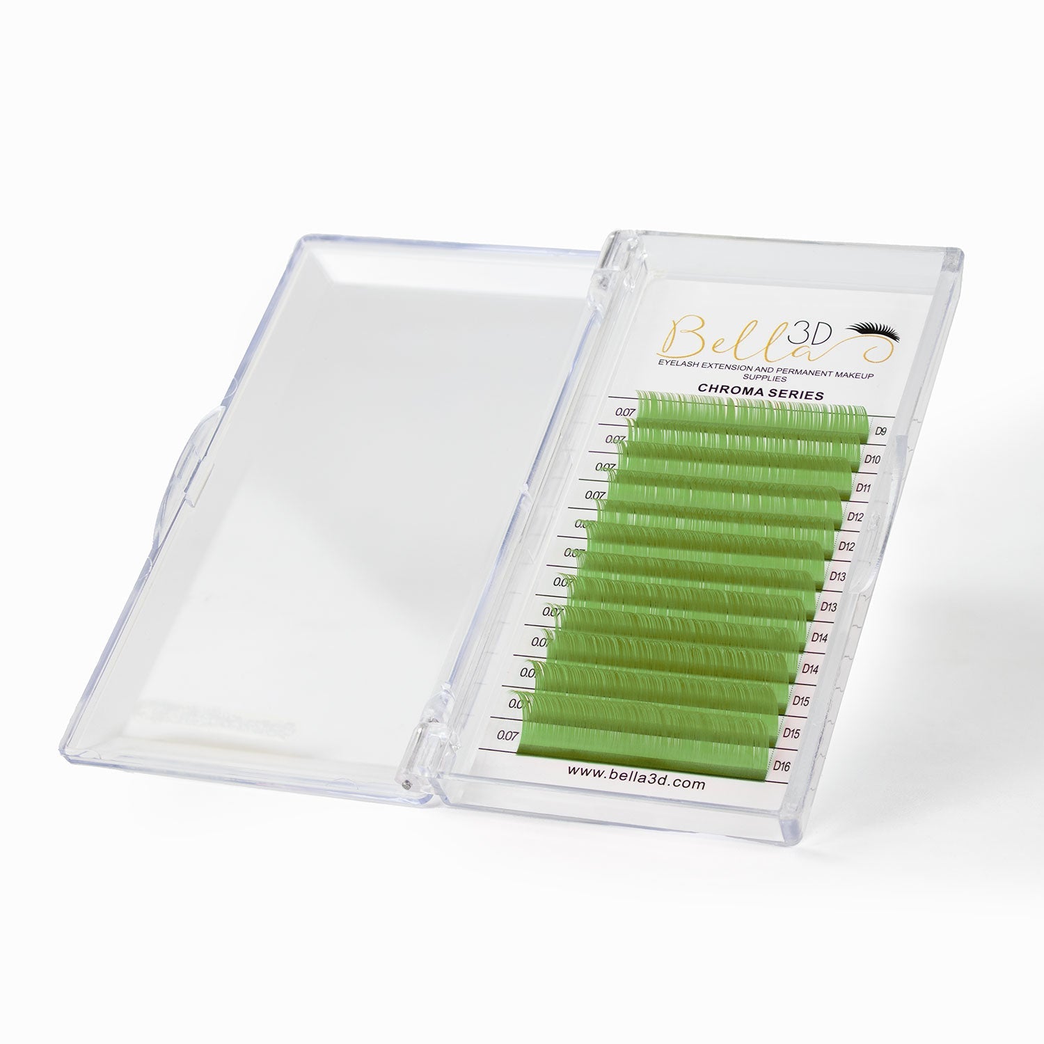 Chroma Series Colored Lashes - 0.15 green eyelash extensions in a clear storage case by Bella 3D