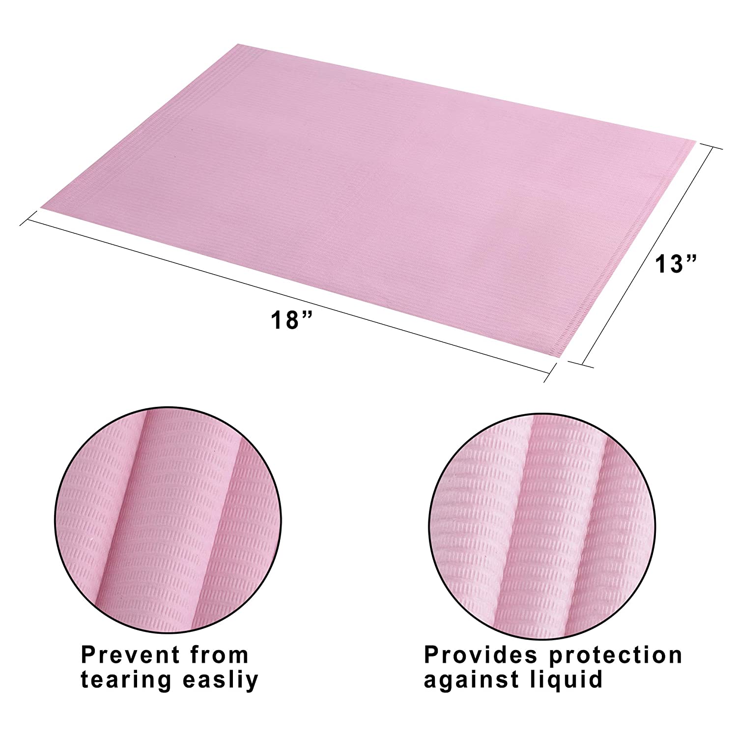 Pink disposable Dental Bibs with textured surface for tear resistance and liquid protection, measuring 18 by 13 inches.