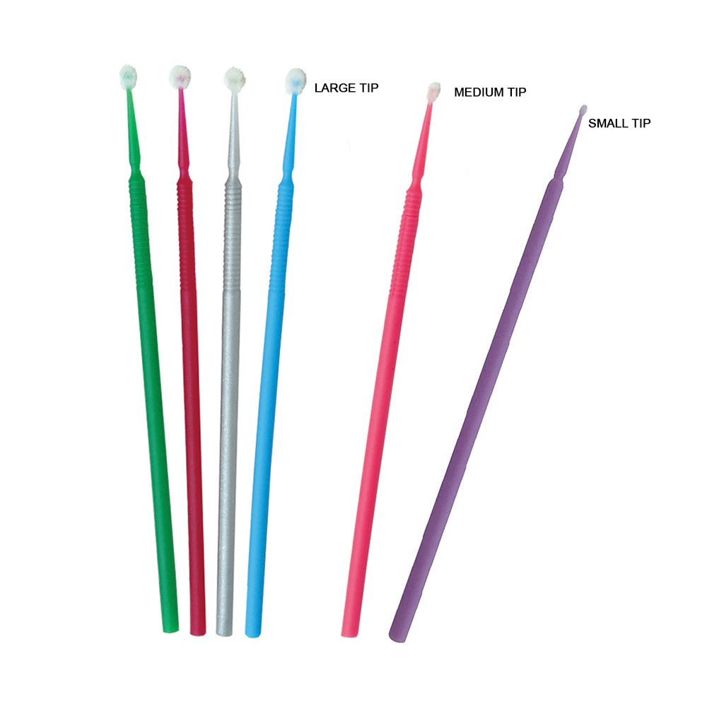 Disposable Micro Tip Applicators with colorful handles and varying tip sizes for precise application in eyelash extensions and makeup tasks