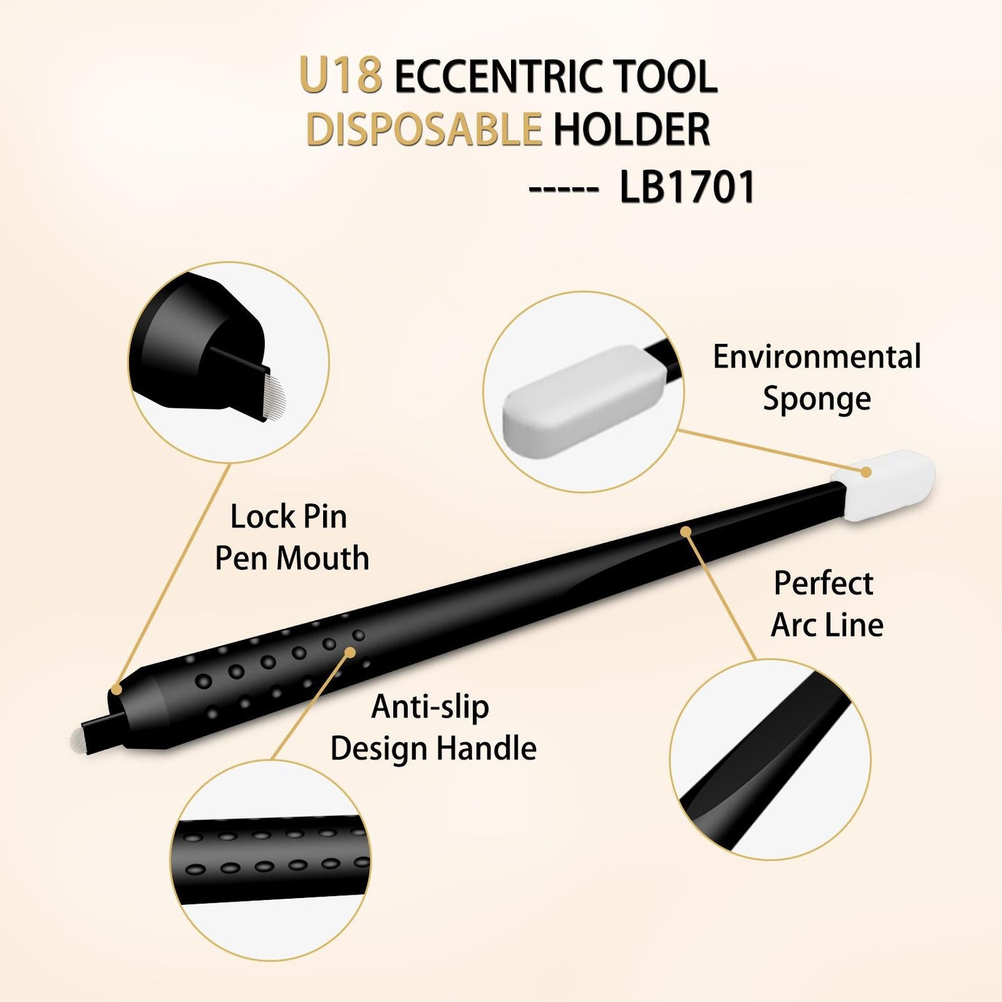 Disposable Microblading Pen U18/U20/C14 with Sponge featuring lock pin, anti-slip handle, perfect arc line, and environmental sponge