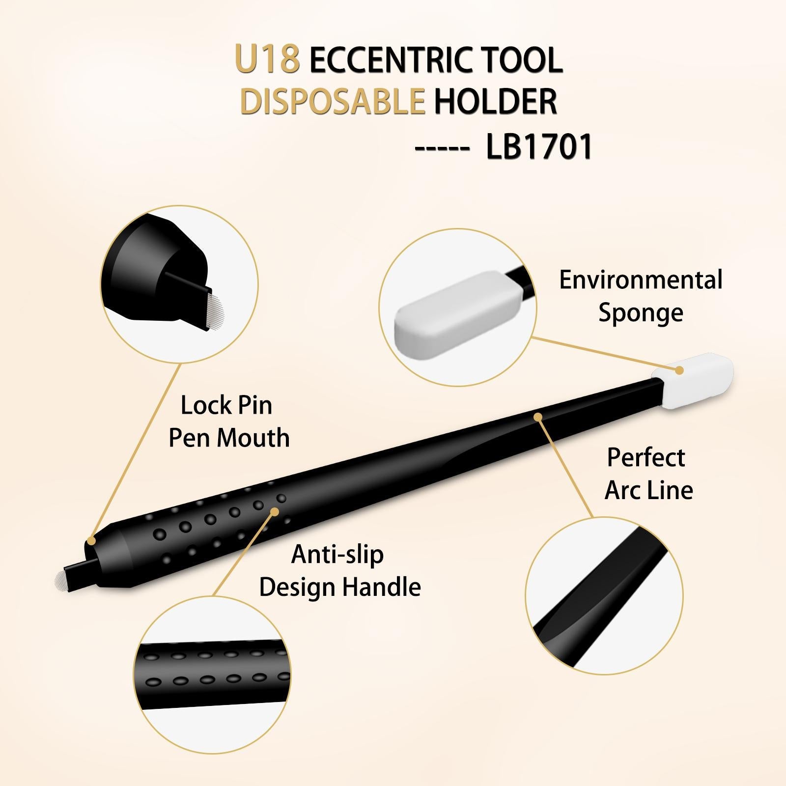 Disposable Microblading Pen U18/U20/C14 with Sponge featuring lock pin, anti-slip handle, perfect arc line, and environmental sponge