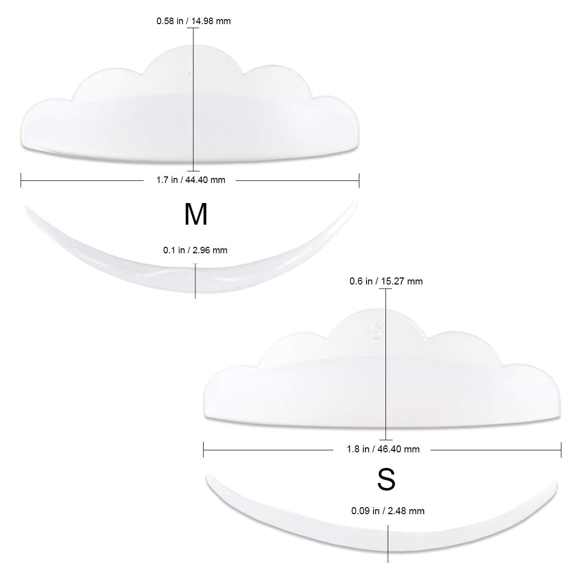 Dolly's Lash 3D Silicone Perm Pad in two sizes, showing detailed measurements for eyelash extension use.