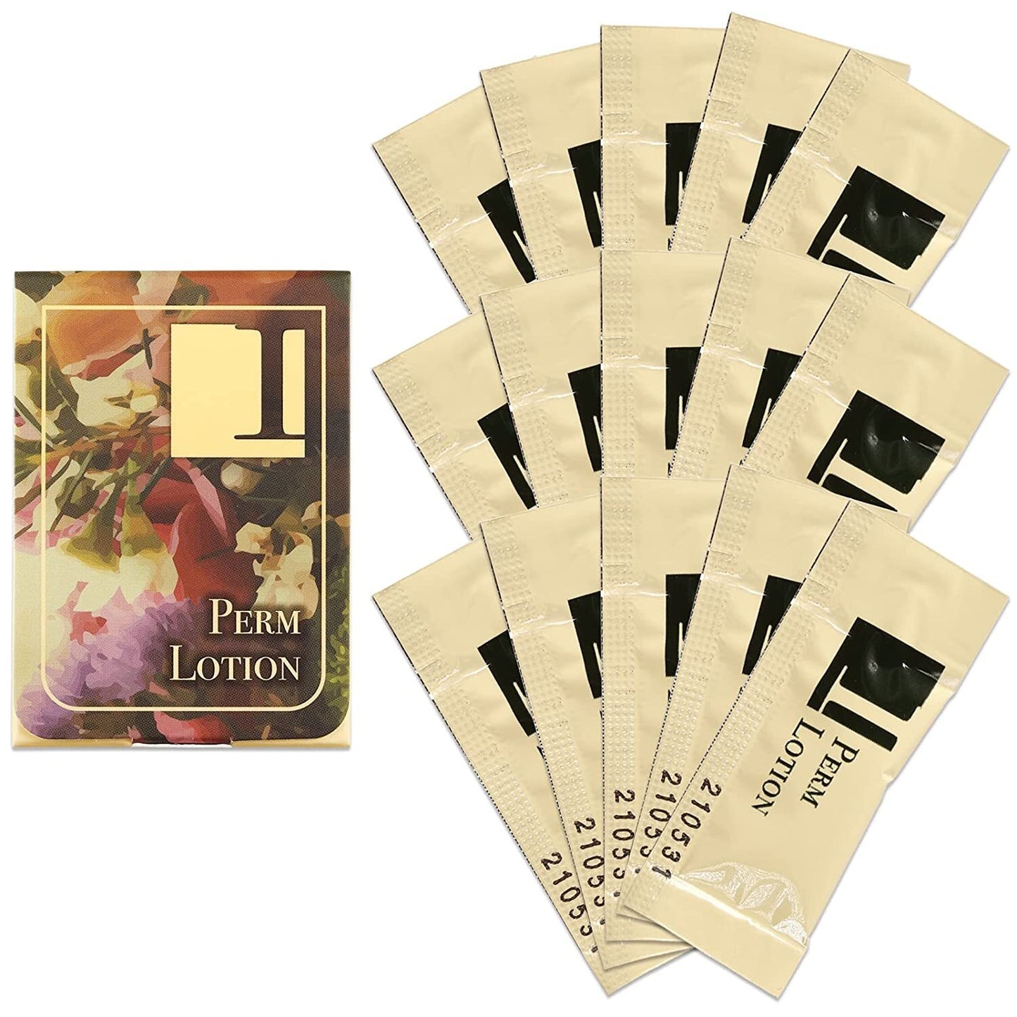Dolly's Lash Lift Individual Packs showing multiple perm lotion sachets with floral-themed packaging on a white background