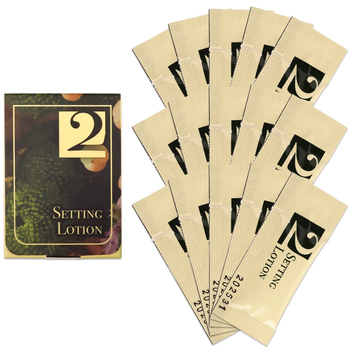 Dolly's Lash Lift Individual Packs setting lotion sachets arranged next to a single pack with number 2 on the packaging