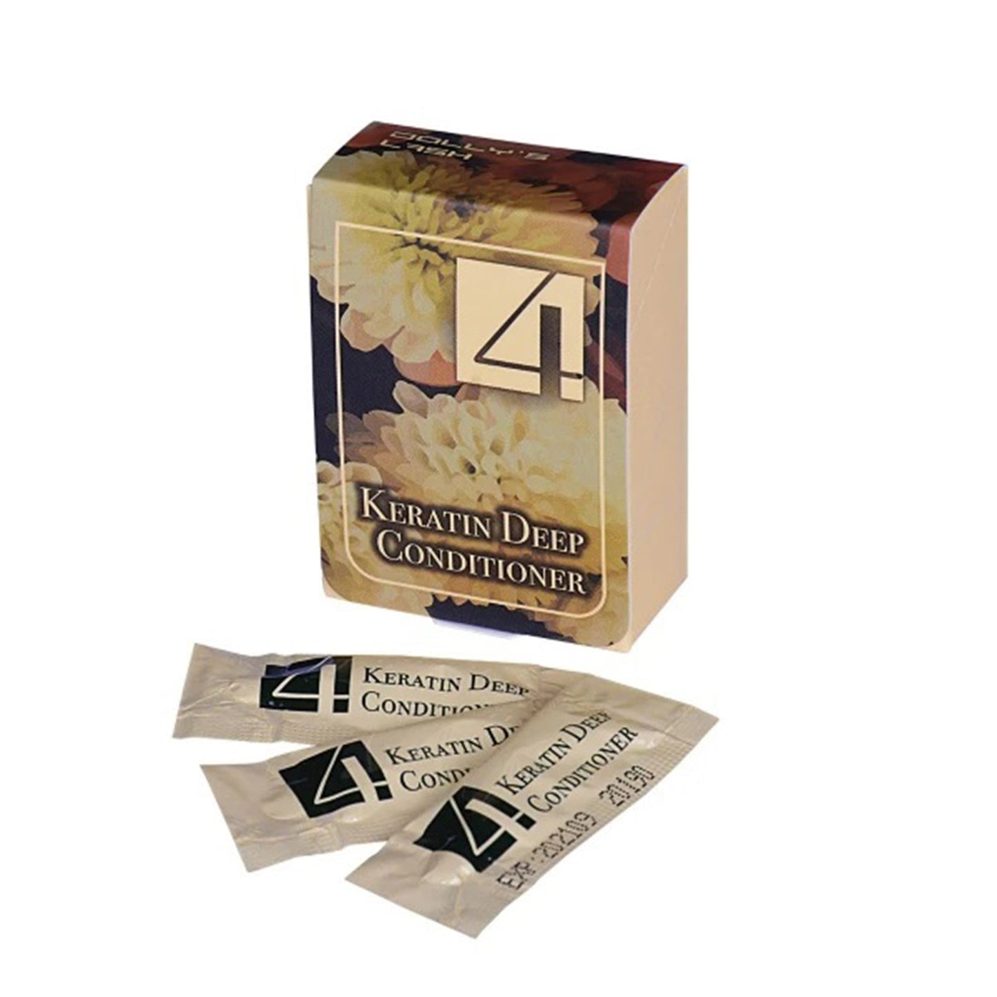 Dolly's Lash Lift Individual Packs showing keratin deep conditioner box and three individual sachets with floral design background