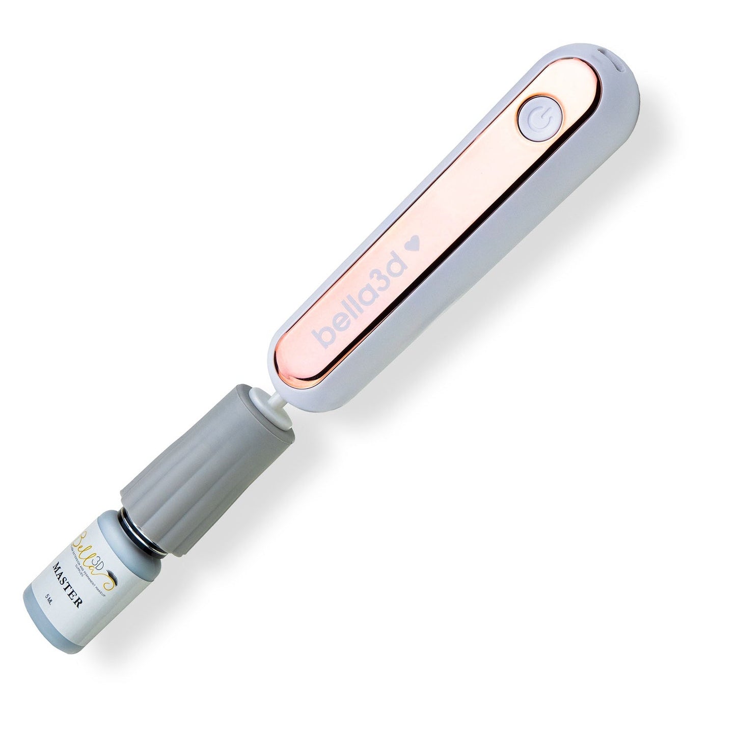 Sleek Electric Glue Shaker - Rechargable with white and rose gold accents holding eyelash extension adhesive bottle.
