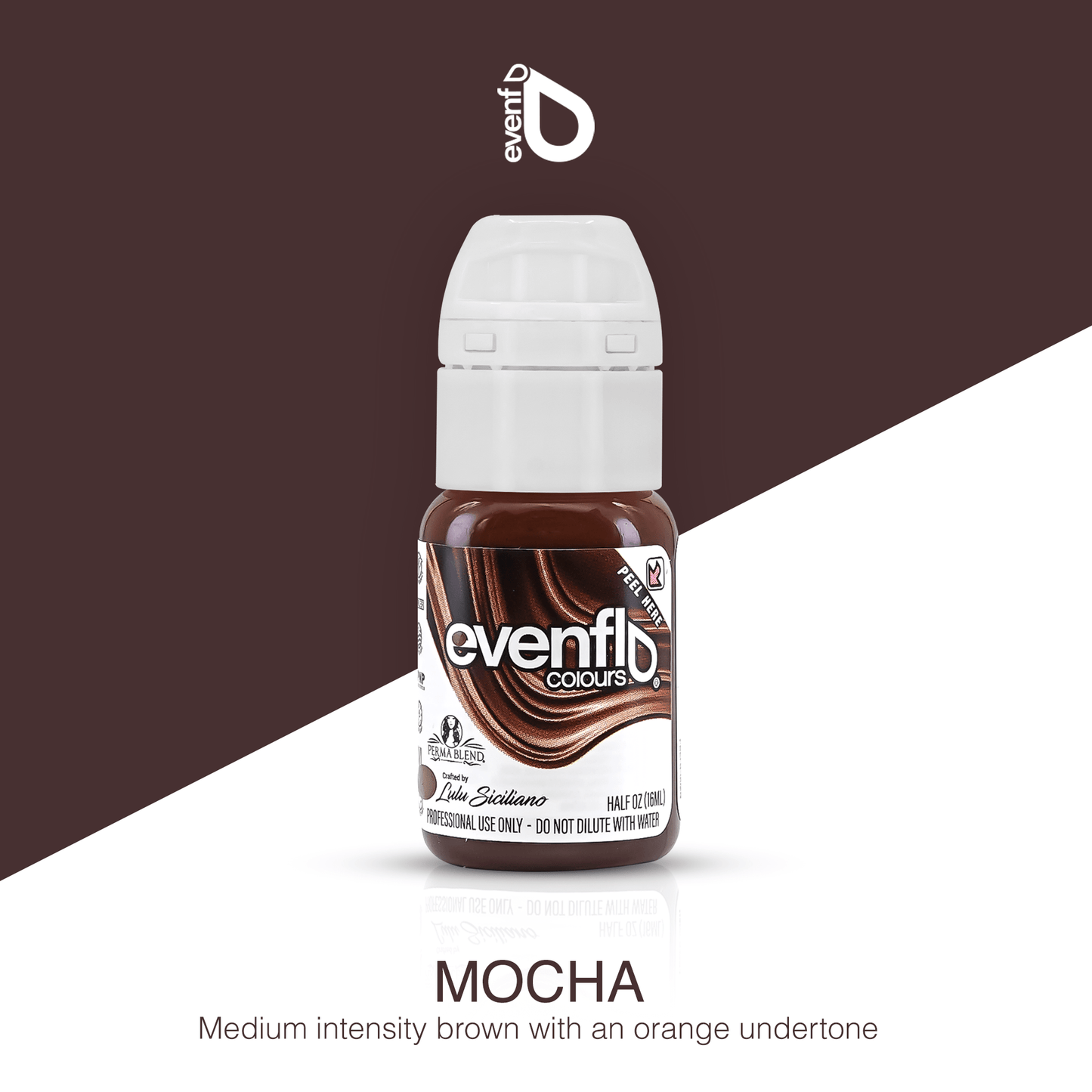 Evenflo Brow Pigments bottle in mocha shade with medium intensity brown and orange undertone on split background