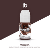Evenflo Brow Pigments bottle in mocha shade with medium intensity brown and orange undertone on split background