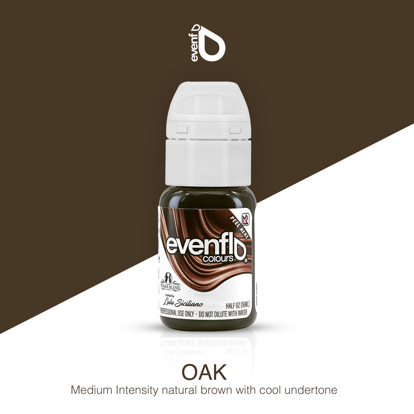 Evenflo Brow Pigments bottle in medium intensity natural oak brown with cool undertone for microblading and tattooing.