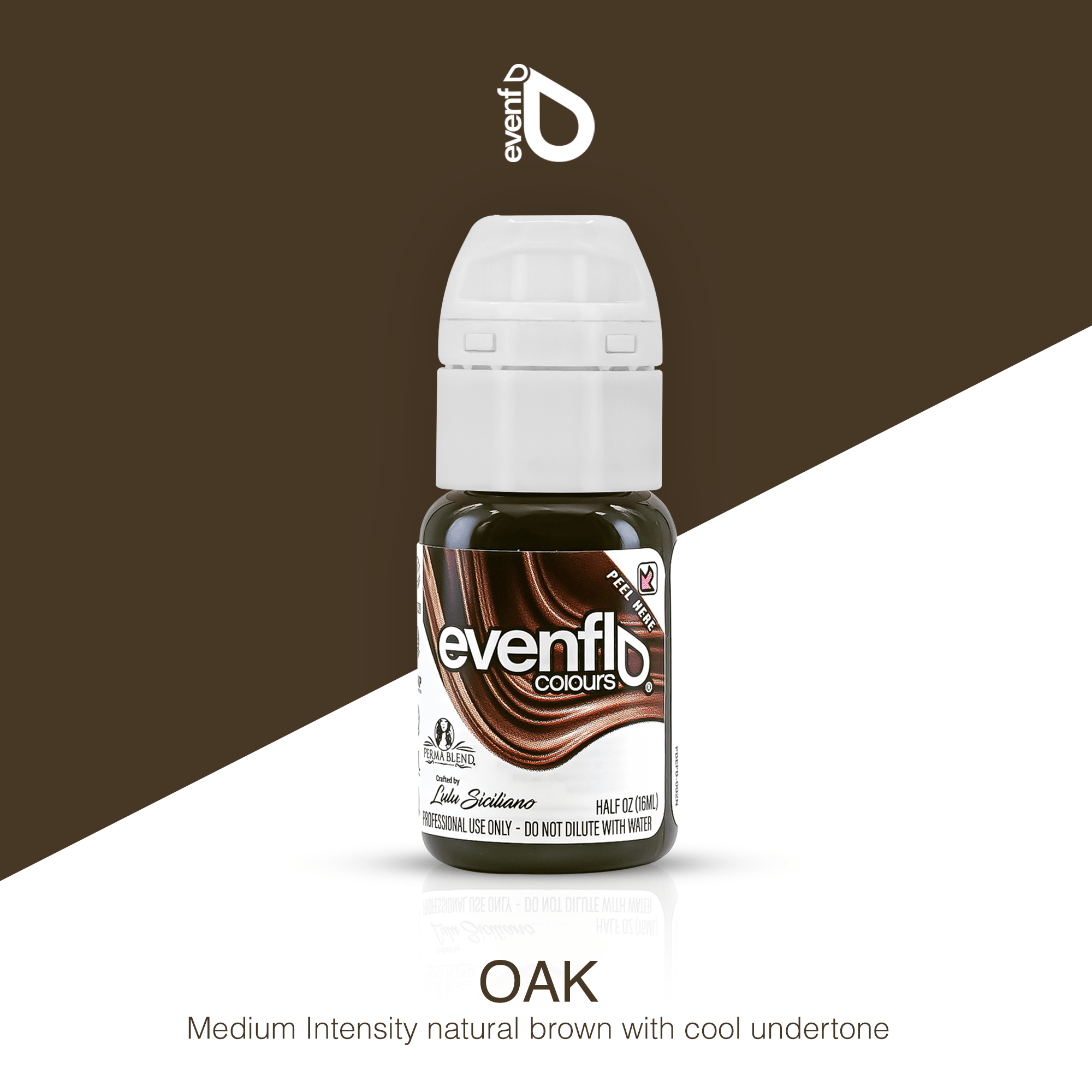 Evenflo Brow Pigments bottle in medium intensity natural oak brown with cool undertone for microblading and tattooing.