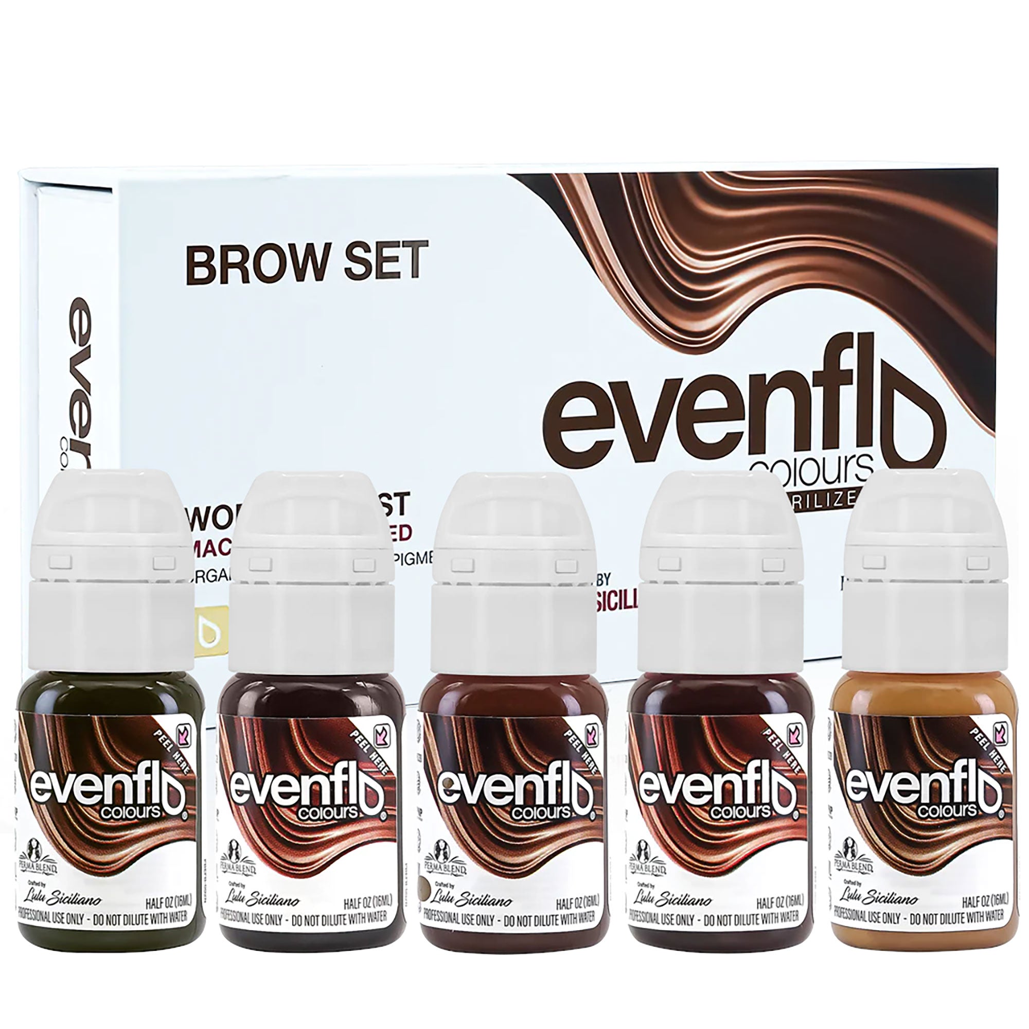 Set of five small pigment bottles in various shades for microblading and permanent make-up with Evenflo Brow Pigments branding