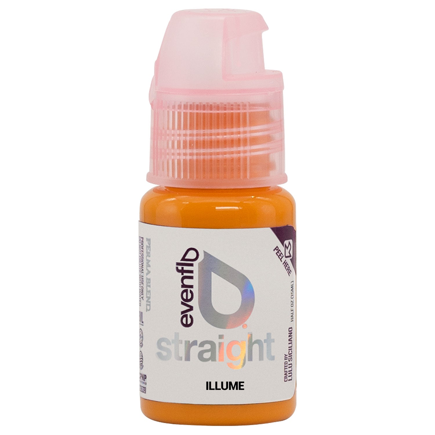 Small orange bottle of Evenflo Lip Color Correction Set with a pink cap labeled Illume and Straight brand details