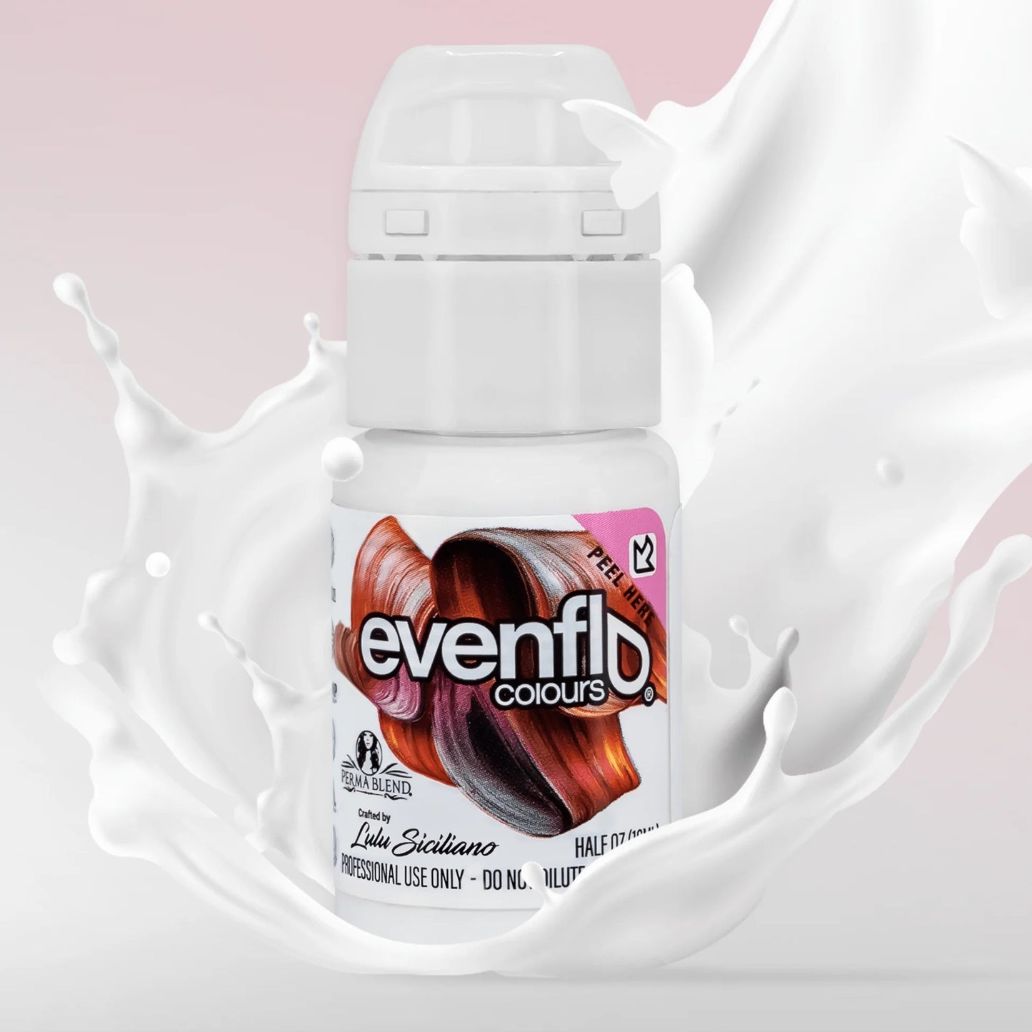 Evenflo Lip Pigments bottle with color graphics surrounded by white liquid splash on soft pink background