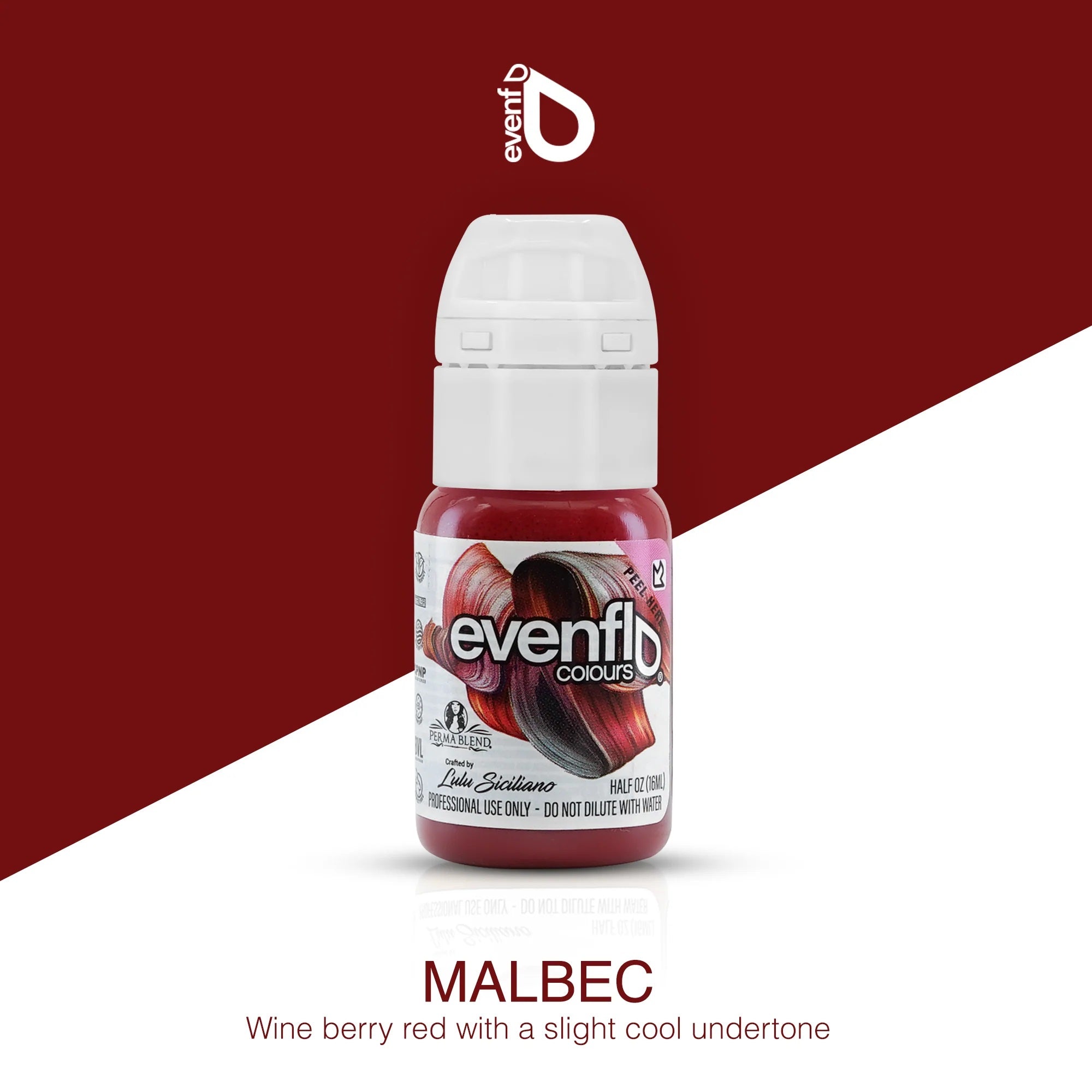 Evenflo Lip Pigments bottle in Malbec wine berry red with a slight cool undertone on a stylish background