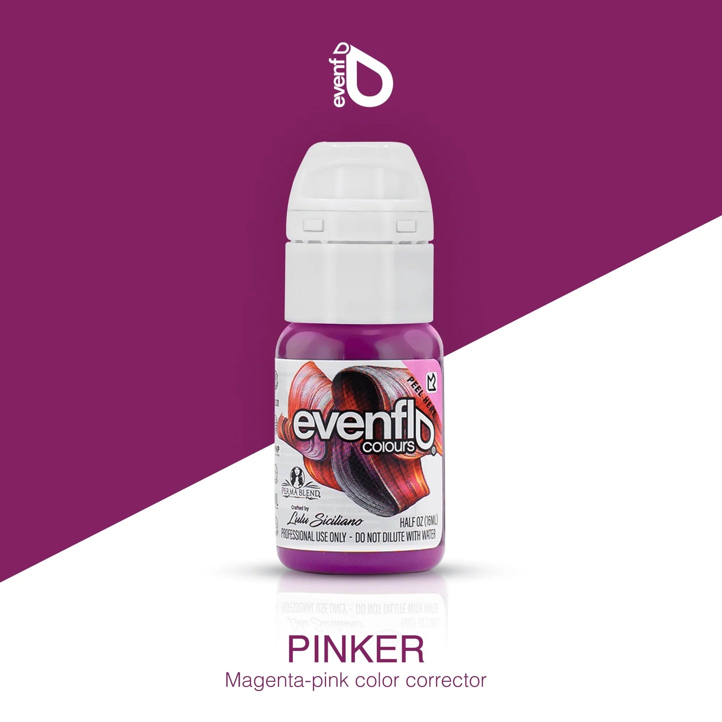 Evenflo Lip Pigments magenta-pink color corrector bottle against purple and white background